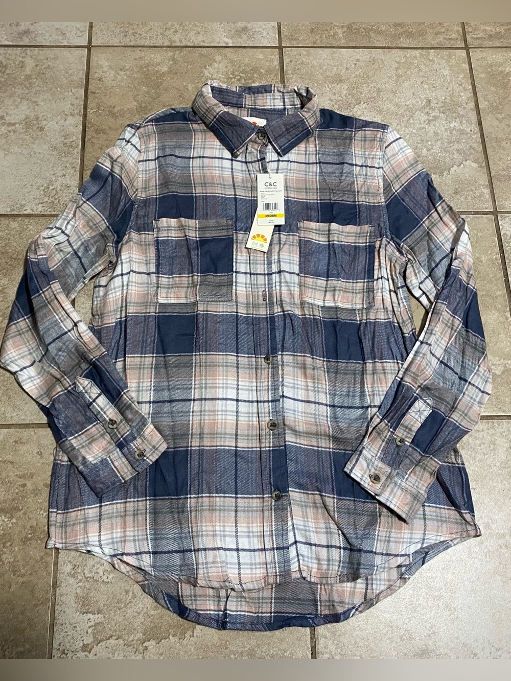NWT C&C California Plaid Button Down Flannel Shirt - Blue/Blush Pink - Size M